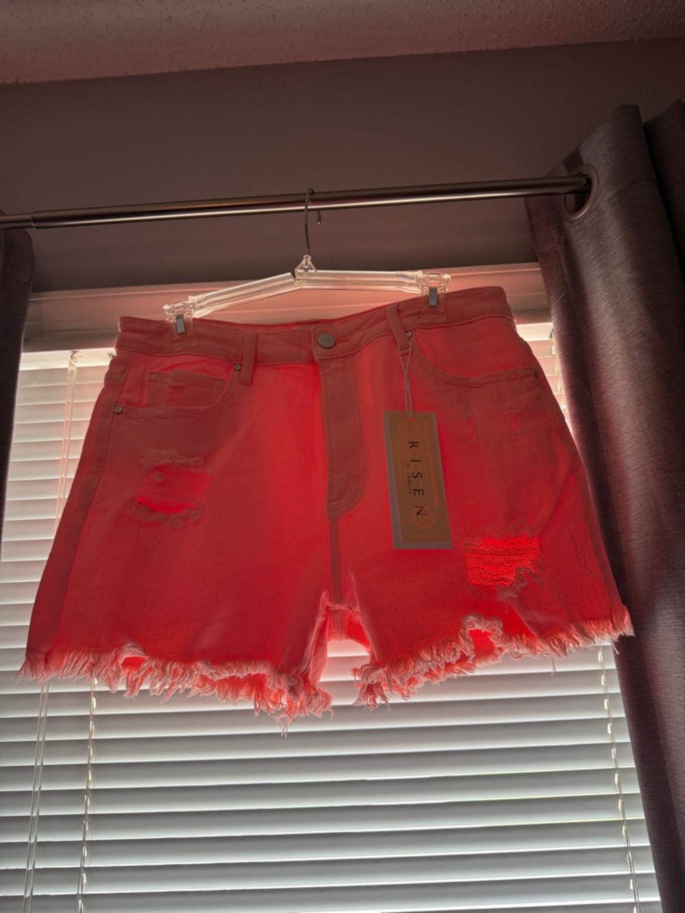 Risen Coral Frayed Hem Denim Shorts for Women